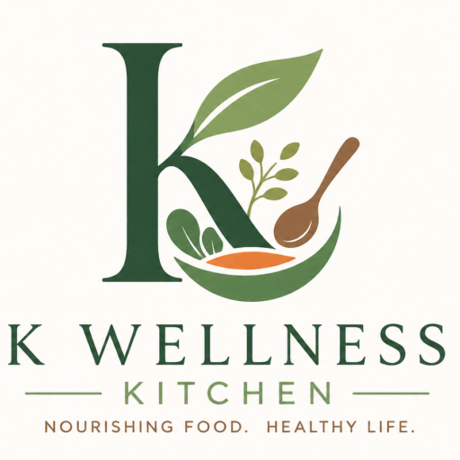 K Wellness Kitchen logo with a green letter K, bowl of healthy food, and spoon